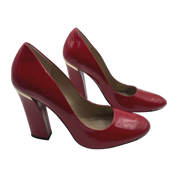 J. Renee Red Patent Leather Gold Trim Block Heel Pumps Size 13M - Picture 1 of 9
